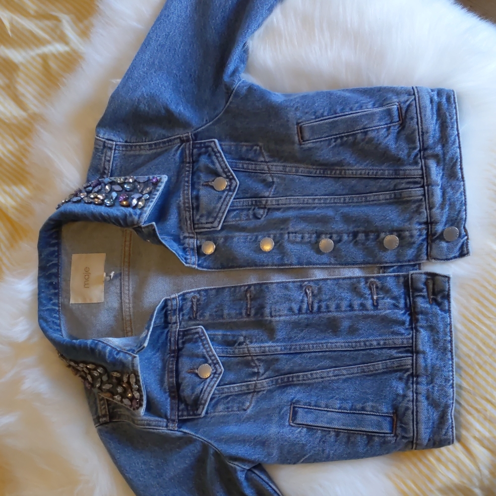 MAJE Bianca Embellished Denim Jacket with rhinestones S/36
